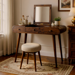 Sunvega Nordic Brown Chestnut Mirror Dressing Table with 2 Drawers and Storage Compartments