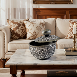 Sunvega Polyresin Round Jewelry Box with Silver Finish and Egg-Shaped Handle