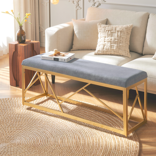 Sunvega Folia Gold Metal Frame with Grey Velvet Upholstery Bench for Entryway