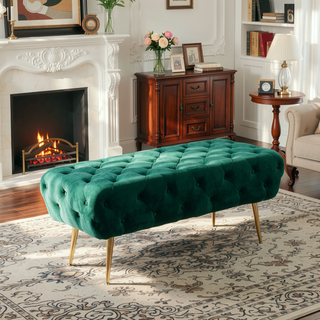 Sunvega Green Velvet Button Tufted Bench with Gold Metal Legs for Bedroom
