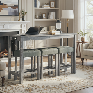 Sunvega 59 Inch Bar Table Set with Power Outlet and 3 Upholstered Stools for Kitchen