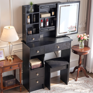 Sunvega Small Space Vanity Table with Cushioned Stool and Extra Large Sliding Mirror