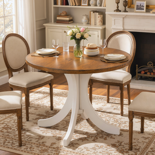 Sunvega Mid-Century Round Dining Table with Solid Wood Legs for Small Spaces