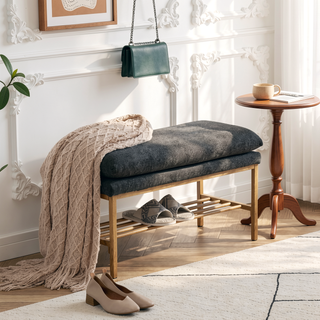 Sunvega Linen Upholstered Storage Bench with Shelf and Metal Legs for Bedroom Entryway