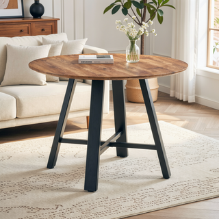 Sunvega Modern Circular Wood Dining Table with Black Metal Legs for Home and Office