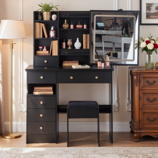 Sunvega Small Size Left Drawer Vanity Table with Cushioned Stool and LED Mirror for Small Spaces