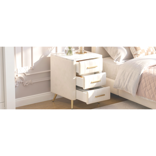 Sunvega Upholstered Velvet Nightstand with 3 Drawers and Marbling Worktop