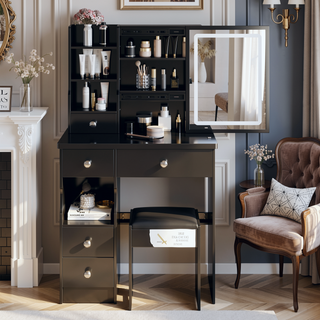 Sunvega Small Size Left Drawer Vanity Table with Cushioned Stool and LED Mirror for Small Spaces