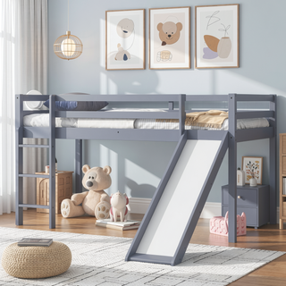 Sunvega Grey Twin Low Loft Bed with Slide, Ladder, and Safety Guardrails