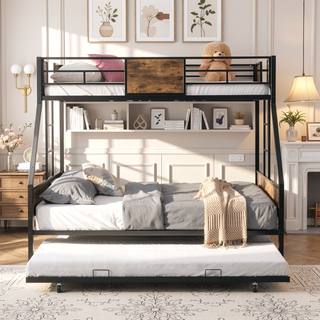 Sunvega Twin Over Full Metal Bunk Bed with Trundle and Guardrail for Bedroom