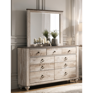 Sunvega Contemporary White Wash Queen Bedroom Set with Dresser Mirror Nightstands Chest