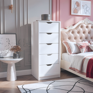 Sunvega Slim White 5-Drawer Storage Chest Dresser for Bedroom with Pull-Out Mechanism