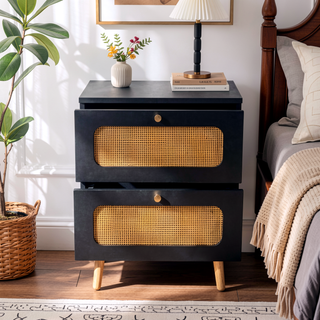 Sunvega Rattan Nightstand with Two Handmade Decorated Drawers for Bedroom and Living Room