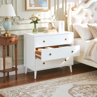 Sunvega Mid-Century Modern 3-Drawer Pine Wood Dresser with Antique Gold Pulls