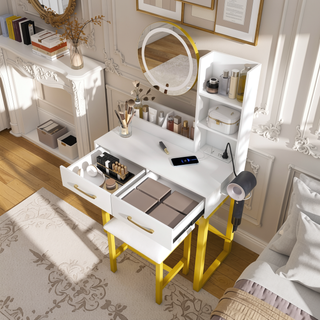 Sunvega White Makeup Vanity Table with LED Lights Power Outlet and 2 Drawers
