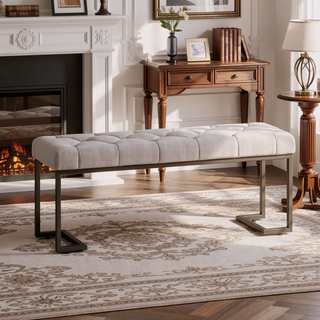 Sunvega Upholstered Button Tufted Ottoman Bench with Polished Metal Legs