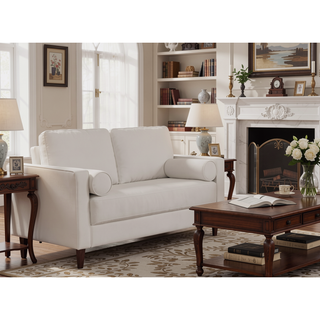 Sunvega Mid-Century Modern Off-White Leatherette Bench-Style Seating with Bolster Pillows