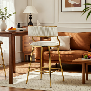 Sunvega Set of 2 Grey Corduroy Bar Stools with Back Golden Chromed Base and Footrest