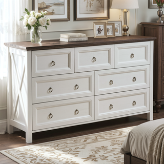 Sunvega Farmhouse 7 Drawers Dresser TV Stand with Barn Door Style and Spacious Design