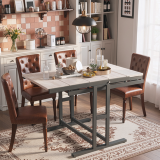Sunvega Vintage White Solid Mahogany Wood Convertible Dining Table and Shelf