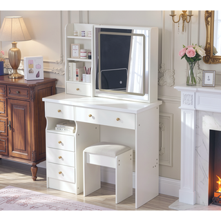 Sunvega Small Size Left Drawer Vanity Table with Cushioned Stool and LED Mirror