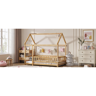 Sunvega Twin Size Wooden Floor Bed with Roof Frame and Safety Guardrails in Grey