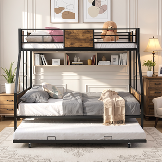Sunvega Twin Over Full Metal Bunk Bed with Trundle and Guardrail for Bedroom
