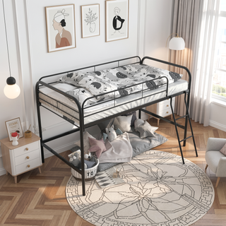 Sunvega Sturdy Metal Twin Loft Bed with Guardrails and Storage Steps