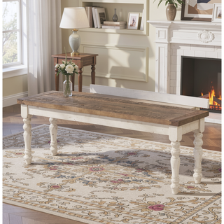 Sunvega Two-Tone Antique White and Distressed Oak Upholstered Dining Bench