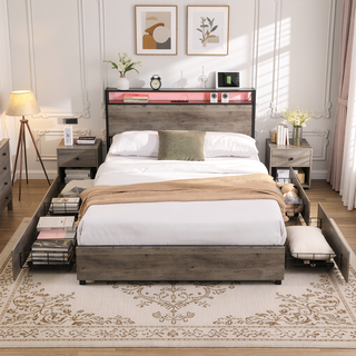 Sunvega Queen Bed Frame with Storage Headboard Charging Station and Smart LED Lights