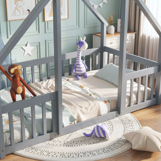 Sunvega Twin Wood House Floor Bed with Guardrail Fence in Grey