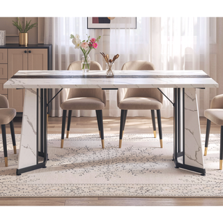 Sunvega White Marble Grain Waterproof Large Dining Table with Adjustable Legs for Kitchen