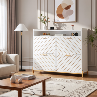 Sunvega Rustic Light Brown and White Gold Herringbone Wooden Flip Drawer Shoe Cabinet