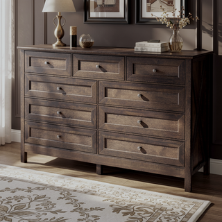 Sunvega White Wood Rustic Storage Dresser with 9 Silver Handle Drawers