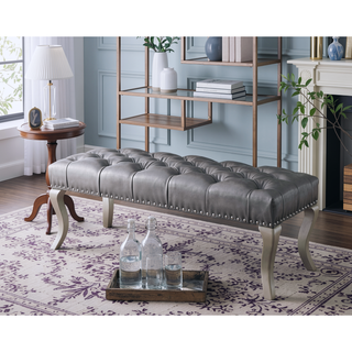 Sunvega Champagne Tufted Fabric Upholstered Bench with Nailhead Trim
