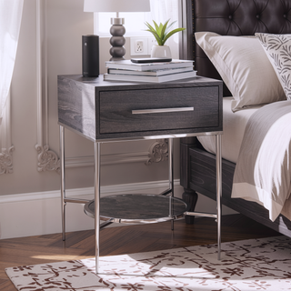 Sunvega Square Nightstand with Storage Drawer and Faux Marble Display Shelf