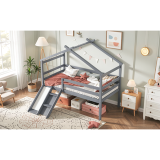 Sunvega Twin Low Loft House Bed with Slide Ladder Safety Guardrails and Roof Frame