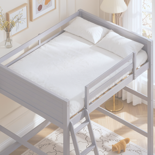 Sunvega Traditional Wooden Loft Bed with Ladder and Guardrails for Kids