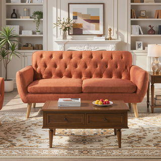 Sunvega Mid-Century Modern Loveseat with Button-Tufted Waffle Stitch Upholstery