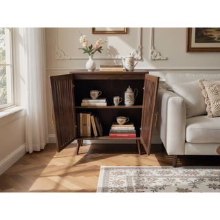 Sunvega Walnut Farmhouse Buffet Cabinet with Louvered Doors and Adjustable Shelves