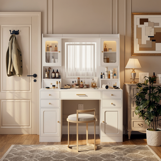 Sunvega Large Vanity Table Set with Mirror, 6 Drawers and 4 Lockers
