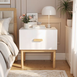 Sunvega Modern White Nightstand with Spacious Drawer and Stable Wood Legs for Bedroom