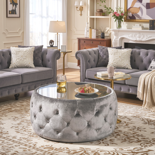 Sunvega Modern Glam Velvet Ottoman with Tempered Glass Top and Button Tufting