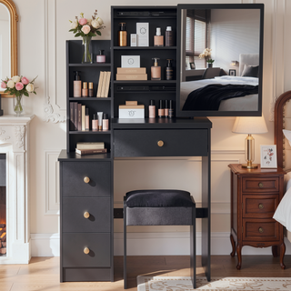 Sunvega Small Size Left Bedside Vanity Table with Cushioned Stool and Touch LED Mirror
