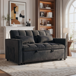 Sunvega Pink Velvet Convertible Sofa Bed with Reclining Backrest and Storage Pockets