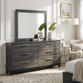 Sunvega Antique Grey Wood 6-Piece Queen Size Bedroom Set with Dresser Mirror and Chest