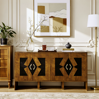 Sunvega Mid Century Modern Sideboard Buffet Cabinet with Geometric Pattern and Adjustable Shelves