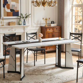 Sunvega White Marble Grain Waterproof Large Dining Table with Adjustable Legs for Kitchen