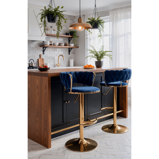 Sunvega Set of 2 Blue Velvet Swivel Bar Stools with Chrome Footrest and Adjustable Height
