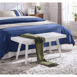 Sunvega Farmhouse Style Solid Wood Slatted Bench with Tapered Legs in White
